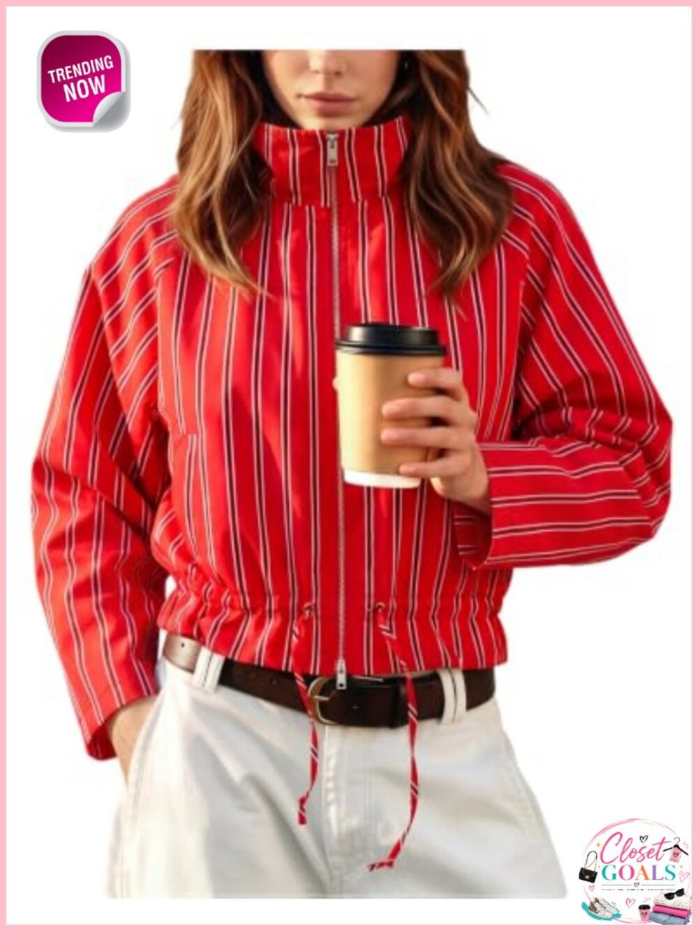 Women's Striped Cropped Zip Up Lightweight Jacket Ruffle Hem Pockets